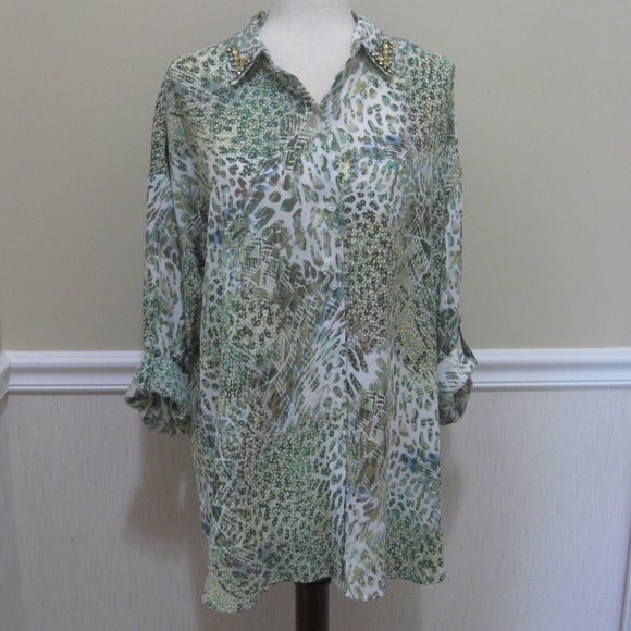 Chico's Tops - Chicos Animal Print Chiffon Tunic Blouse sz M Jeweled Collar Green Beige